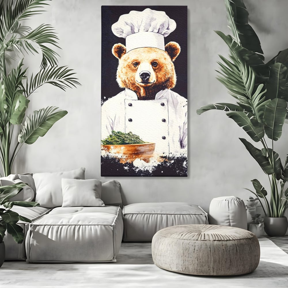 Tablou canvas cu tablou canvas cu urs bucatar, fara rama, pe sasiu de lemn, pe perete intr-un living